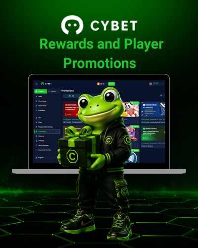 Cybet Rewards and Player Promotions page featuring the promotions dashboard in the background and the Cybet frog mascot holding a gift box in the foreground.