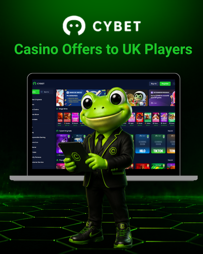 Cybet Casino Offers to UK Players page featuring the casino dashboard with game selection in the background and the Cybet frog mascot in a black suit holding a phone in the foreground.