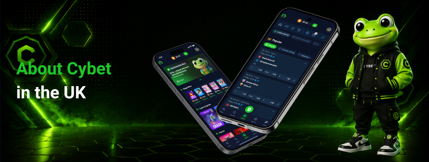 About Cybet casino  in the UK - Cybet app interface on a smartphone with the UK flag on the mascot's jacket, showcasing games like Crash and Mines in a neon-lit environment.
