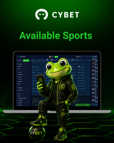 A laptop with the Cybet sports betting interface showing various available sports, accompanied by a frog mascot.