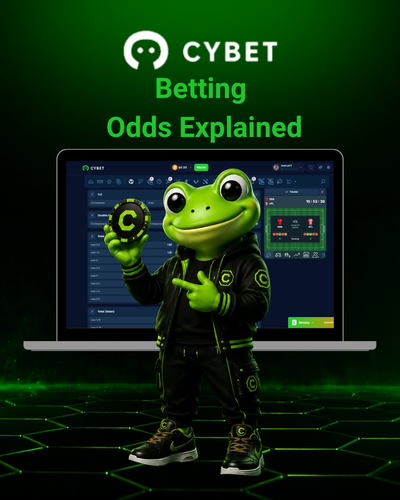 A laptop showing Cybet's betting odds interface with highlighted bets, and a frog mascot standing next to it.