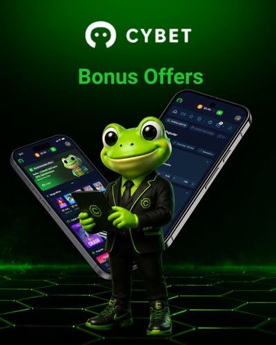 A phone displaying Cybet’s app interface, featuring bonuses and promotional offers. The frog mascot holds a tablet showing the app with the title "Cybet Bonus Offers.