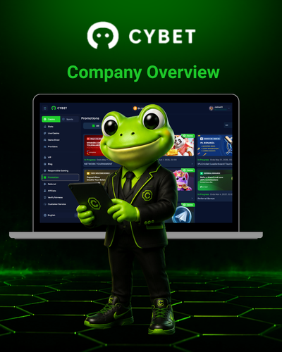 Cybet Company Overview - Promotional page featuring games like Crash, Dice, and Hilo with a green neon background and the Cybet mascot holding a tablet.