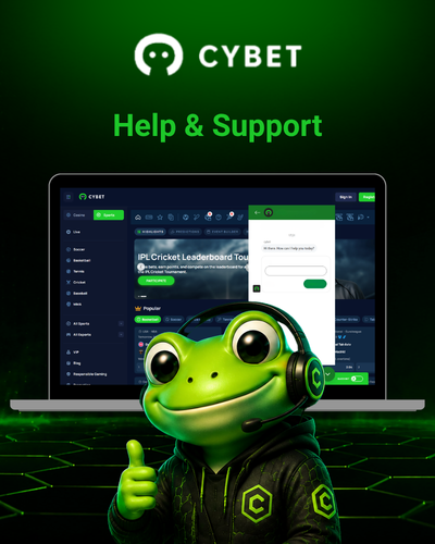 A promotional image featuring Cybet's help and support section, showing a laptop screen with the Cybet crypto casino platform interface and live chat support window. The Cybet frog mascot is wearing a headset, ready to assist users.
