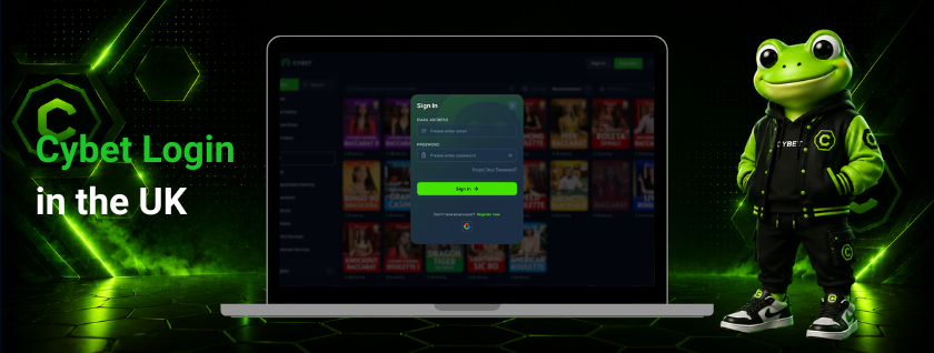 Cybet login page on a laptop screen showing the login section with a user input area and a frog mascot beside it.