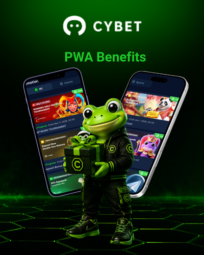 An image highlighting the benefits of the Cybet PWA, with the frog mascot standing next to a mobile device showing various features and rewards on the Cybet platform.