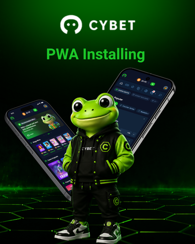 An illustration displaying the Cybet mobile app being installed on Android and iOS devices, with the frog mascot in a sporty outfit standing next to the devices.