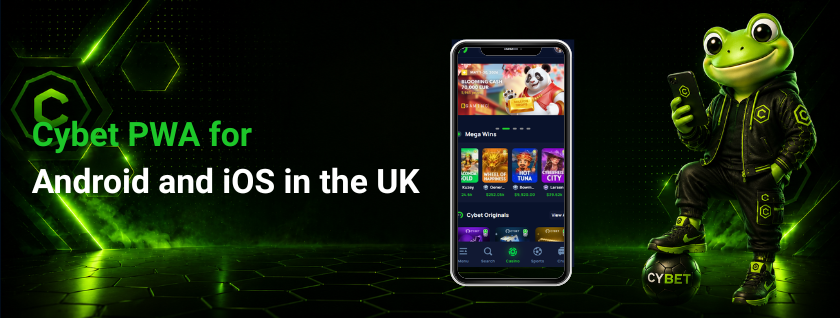 A promotional image showcasing the Cybet platform on mobile devices, emphasizing its accessibility on Android and iOS, with the Cybet frog mascot holding a phone and a football.
