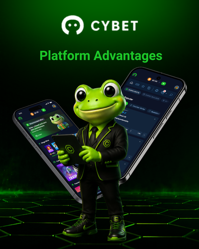 Cybet Platform Advantages - A smartphone and laptop showcasing Cybet's platform features, including casino games like Dice and Mines, with the Cybet mascot holding a green glowing cube.