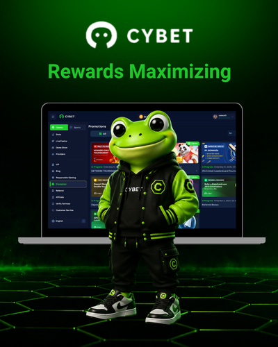 A laptop displaying the Cybet platform's promotions, showcasing different promotional offers. The frog mascot in a green jacket stands next to the screen with a smile, titled "Cybet Rewards Maximizing.