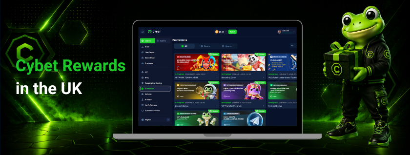 A laptop showing Cybet’s Promotions section with various offers for users in the UK. The frog mascot is holding a green gift box while standing beside the laptop, titled "Cybet Rewards in the UK.