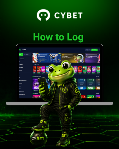 laptop showing the Cybet login page with the frog mascot holding a tablet.
