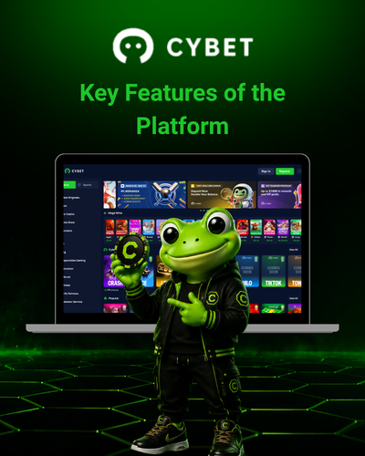 Key Features of the Cybet Platform - Cybet betting features on a laptop screen with a green neon vibe, showcasing popular betting options and the Cybet frog mascot holding a glowing cube.