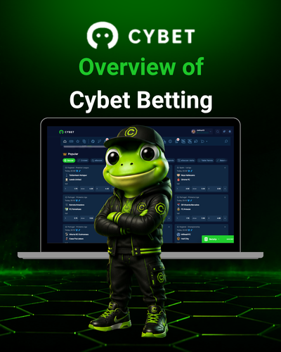 A laptop displaying an overview of Cybet's betting options with highlighted events, and a frog mascot standing next to it.