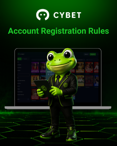 CYBET account registration rules on laptop with frog mascot holding tablet