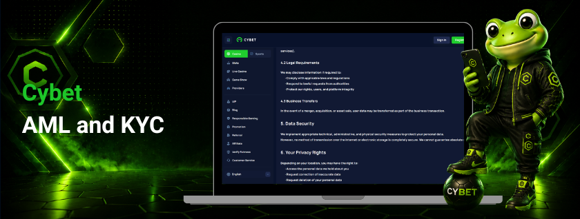 CYBET AML and KYC on laptop with frog mascot holding phone
