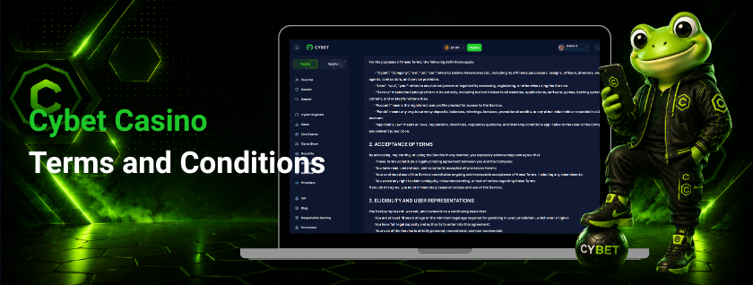 CYBET casino terms and conditions on laptop with frog mascot