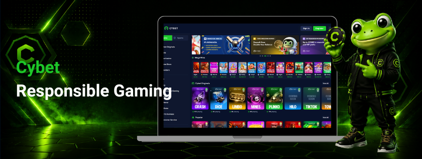 CYBET responsible gaming on laptop with frog mascot holding coin