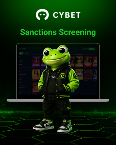 CYBET sanctions screening on laptop with frog mascot
