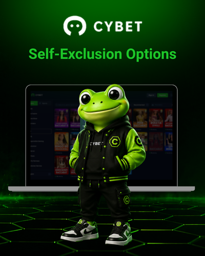CYBET self-exclusion options on laptop with frog mascot