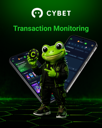 CYBET transaction monitoring on mobile with frog mascot holding coin