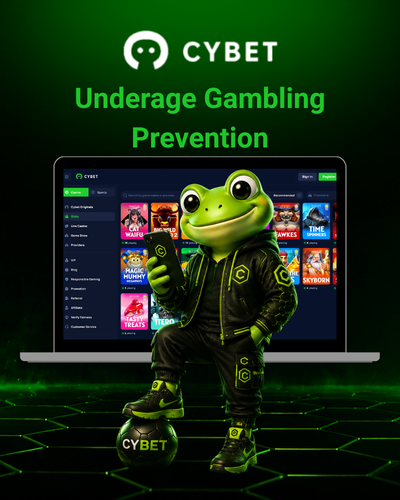 CYBET underage gambling prevention on laptop with frog mascot